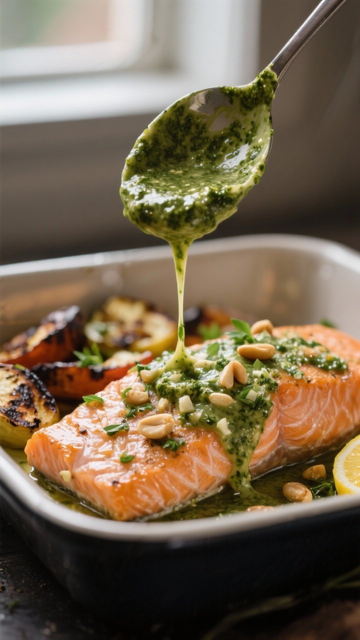 Beauty close-up: Spoon drizzling silky creamy pesto from the baking dish over a resting salmon fille