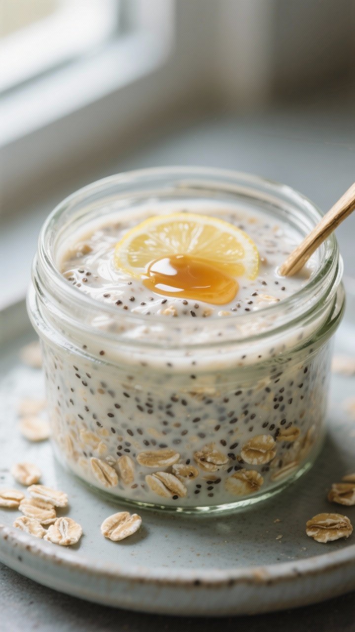 Close-up detail: A chilled jar of dairy-free overnight oats just stirred to creamy perfection, showi
