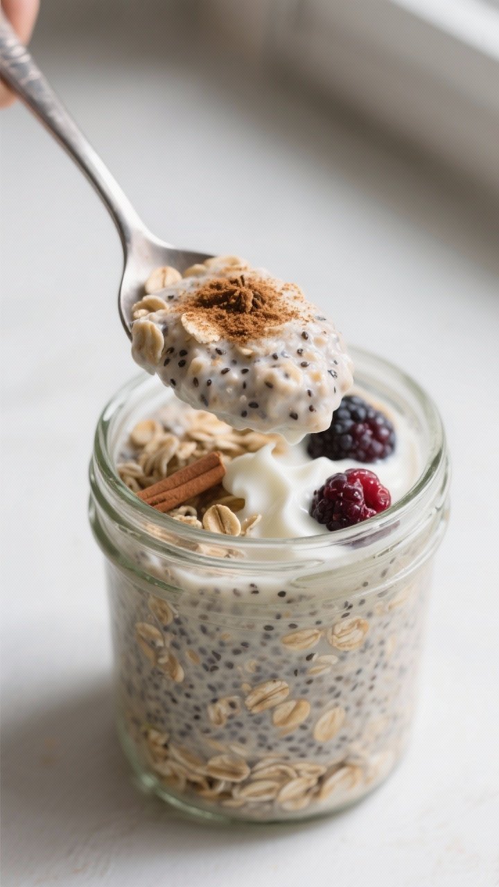 Close-up detail: A spoon scooping thick, creamy high-protein overnight oats out of a glass jar, show