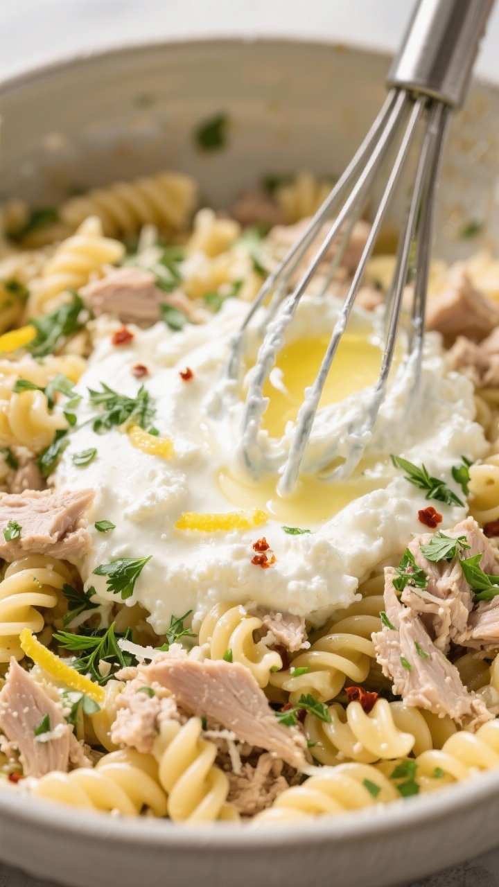 Close-up detail — creamy herb mixture: Ultra close-up of the whisked cottage cheese–egg–Parmes