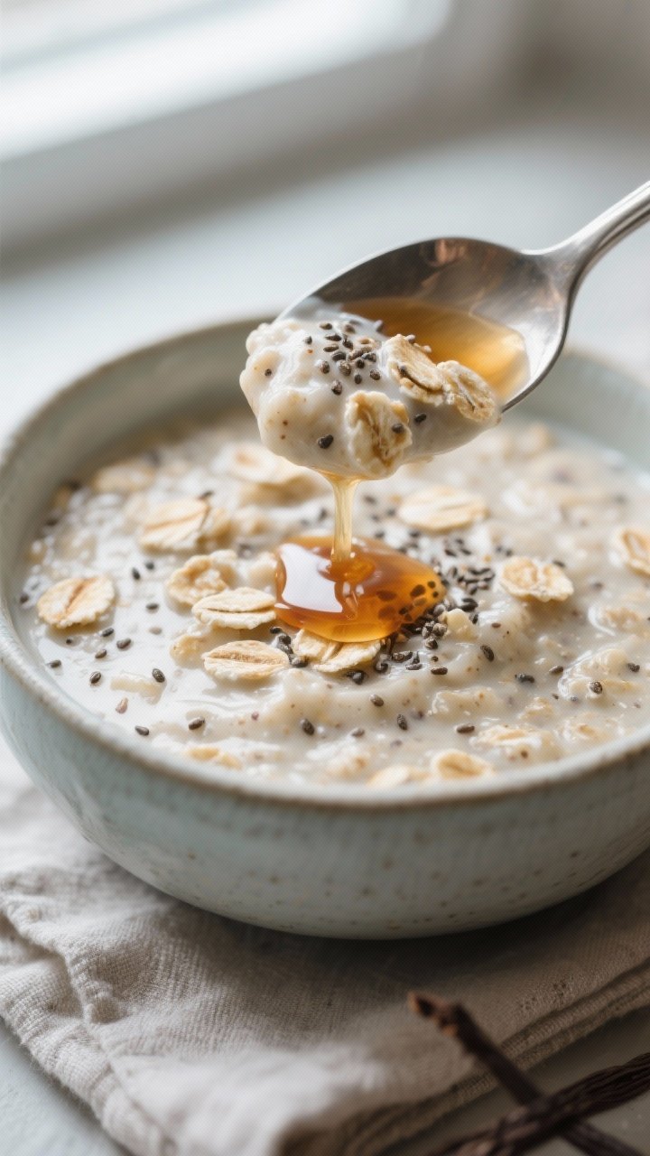 Close-up detail: Creamy high-protein overnight oats after chilling, spoon scooping through silky, pu