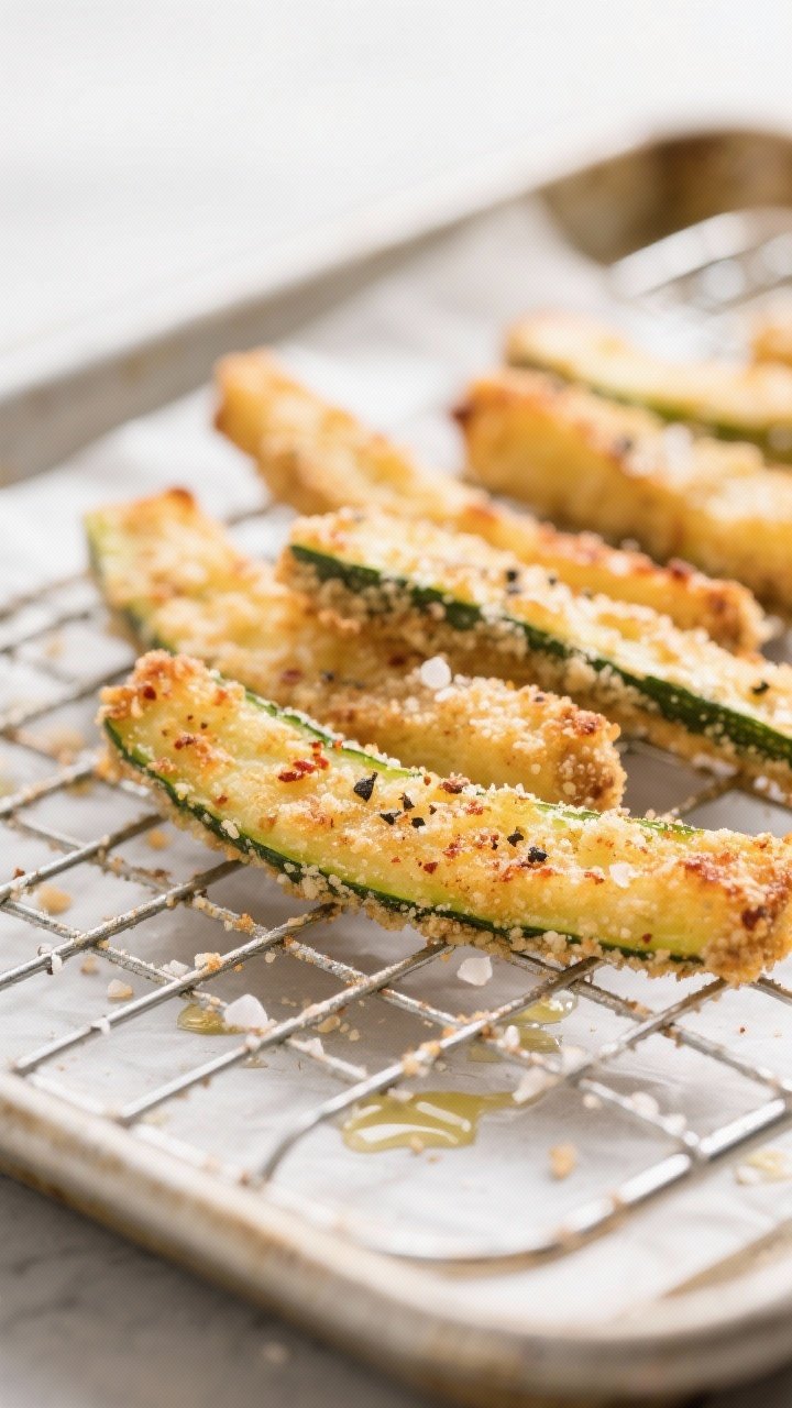 Close-up detail: Golden-baked Parmesan zucchini fries resting on a wire rack over a parchment-lined 
