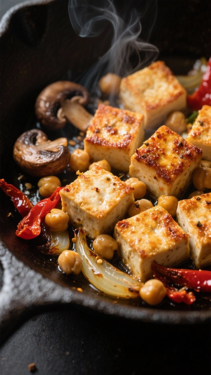 Close-up detail: Golden-crisp tofu cubes and chickpeas sizzling in a cast-iron skillet, edges deeply