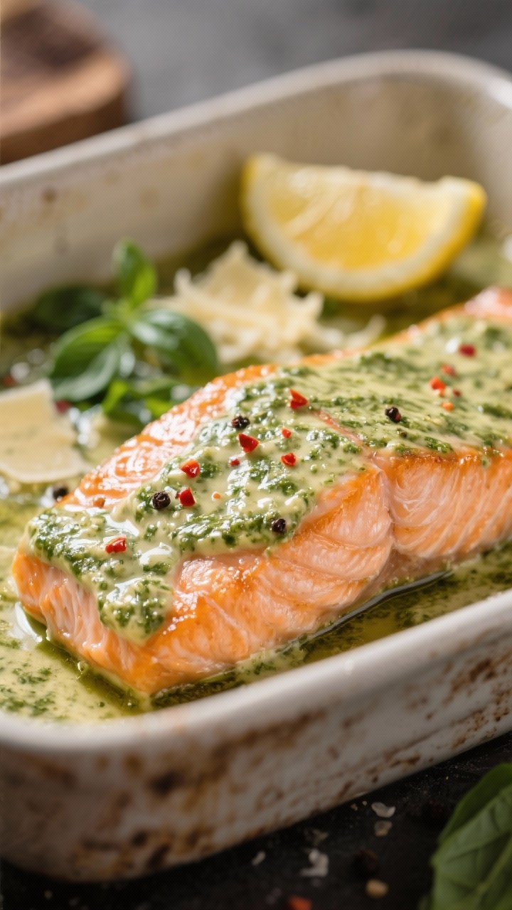 Close-up detail: Juicy salmon fillet just out of the oven, coated in creamy basil pesto sauce with l