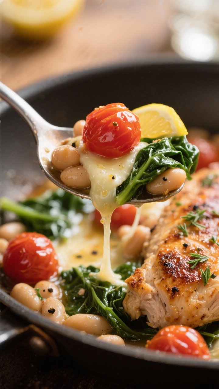 Close-up detail: Macro close-up of a spoonful lifted from the skillet showing juicy chicken with sea