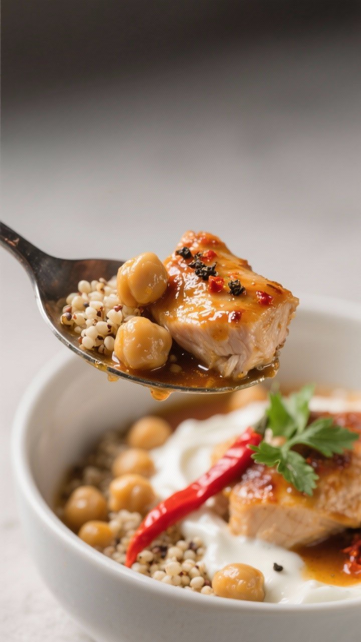Close-up detail: Macro, shallow-depth close-up of a spoonful lifted from the bowl—juicy chicken pi