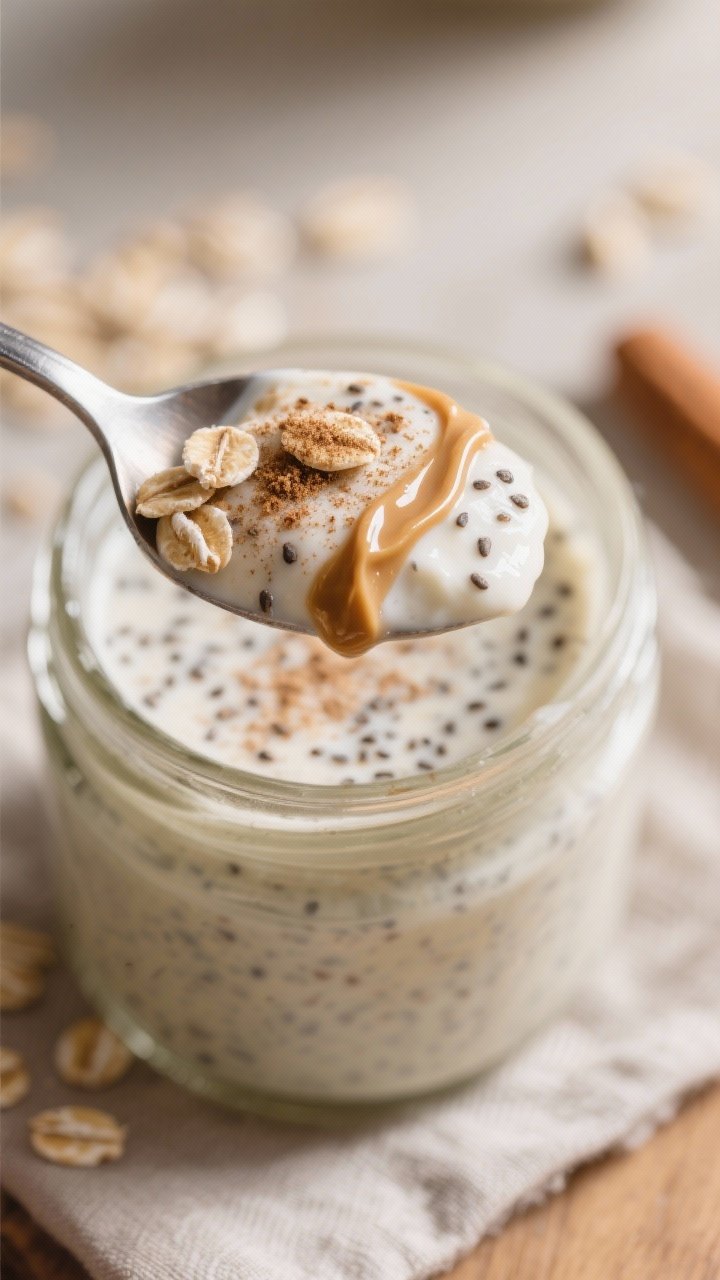 Close-up detail of the creamy oat mixture on a spoon lifted above the jar, showcasing the luscious, 