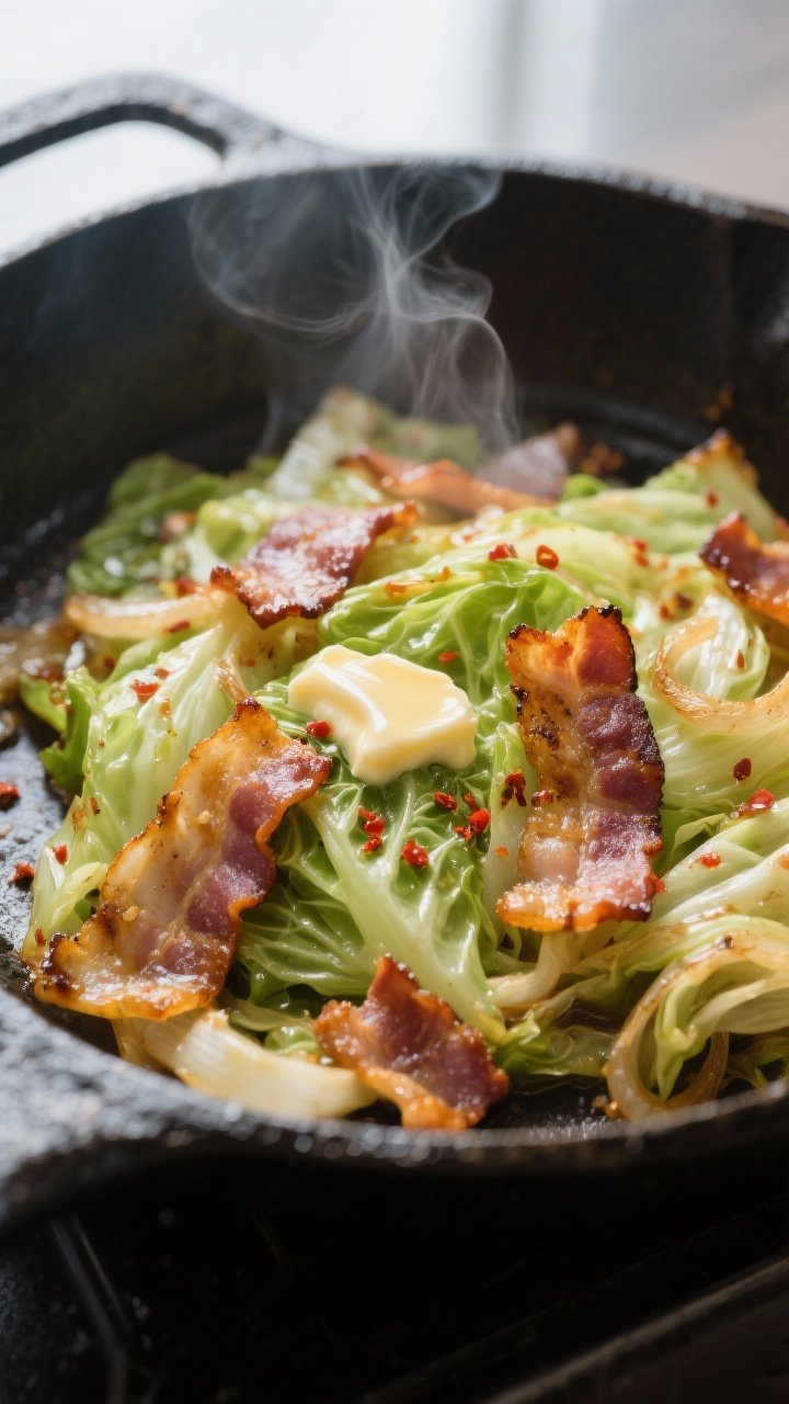 Close-up detail shot of sizzling fried cabbage with bacon in a cast-iron skillet: tender green cabba