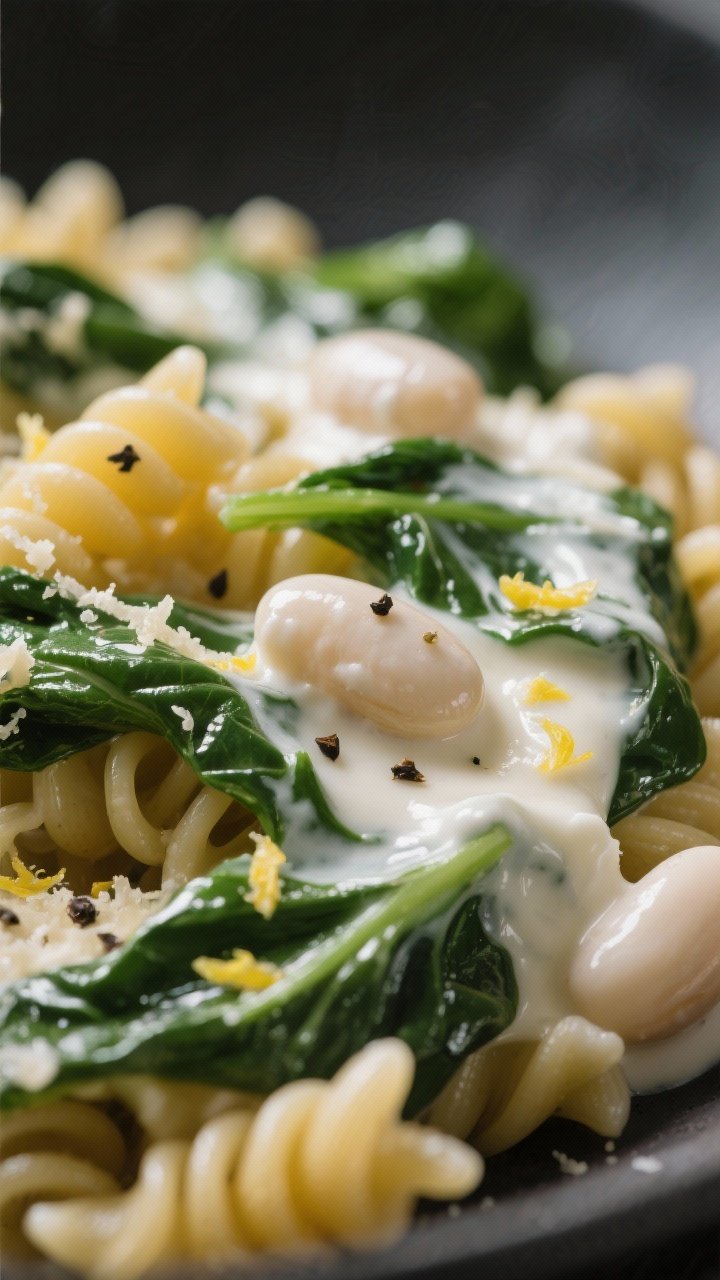 Close-up detail: Silky Greek-yogurt-and-Parmesan sauce coating rotini, ribbons of wilted spinach jus