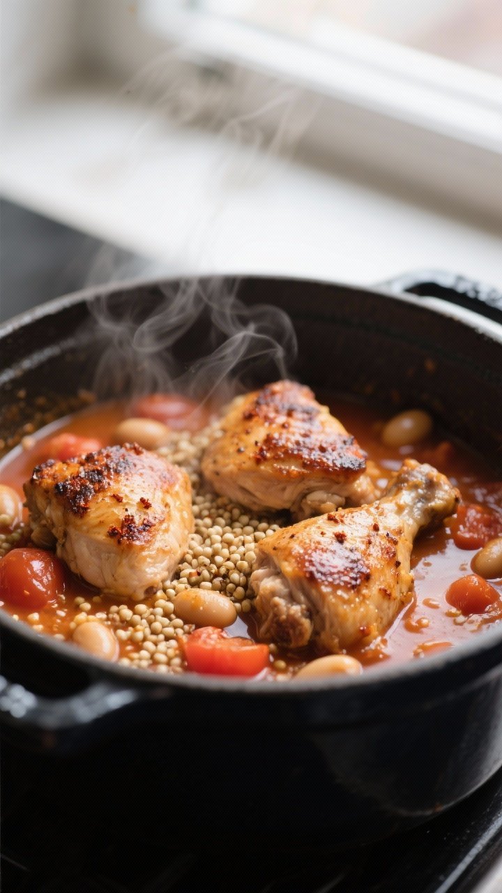 Close-up detail: Sizzling seared chicken thigh pieces nestled in a tomato-broth base with quinoa pea