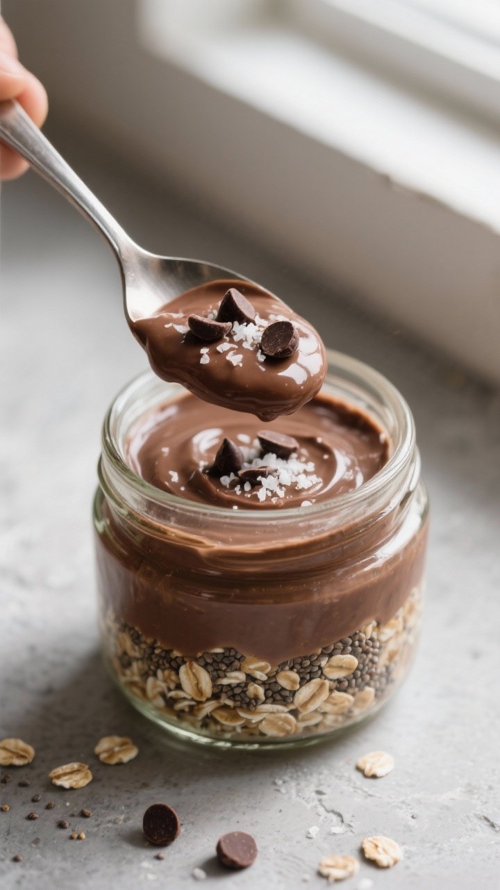 Close-up detail: Spoon scooping into creamy chocolate overnight oats in a glass jar, showing thick, 