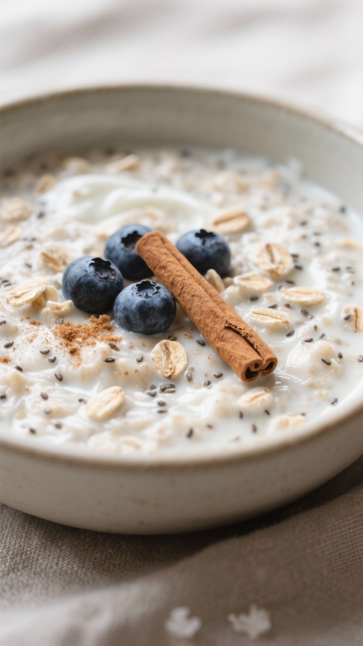 Close-up detail: Thick, creamy overnight oats just after the morning stir, showing chia-speckled oat