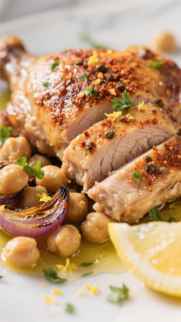 Close-up detail: Ultra-close shot of a sliced, bone-in chicken thigh with crackly, rendered skin and