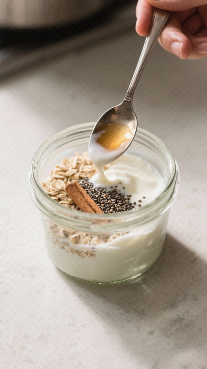 Cooking process: Combining phase in a clear jar—wet mixture of milk, Greek yogurt, vanilla, and ma