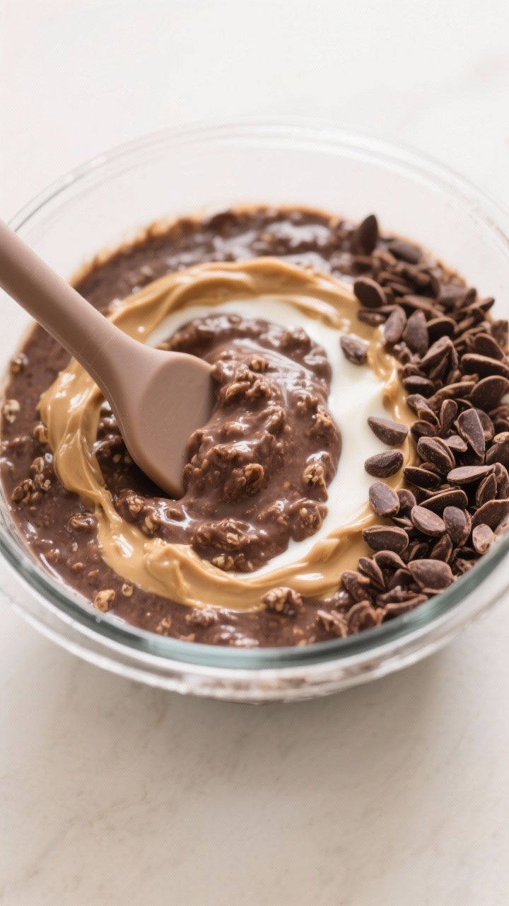 Cooking process: Overhead shot of mixed chocolate overnight oats just after stirring, in a clear bow
