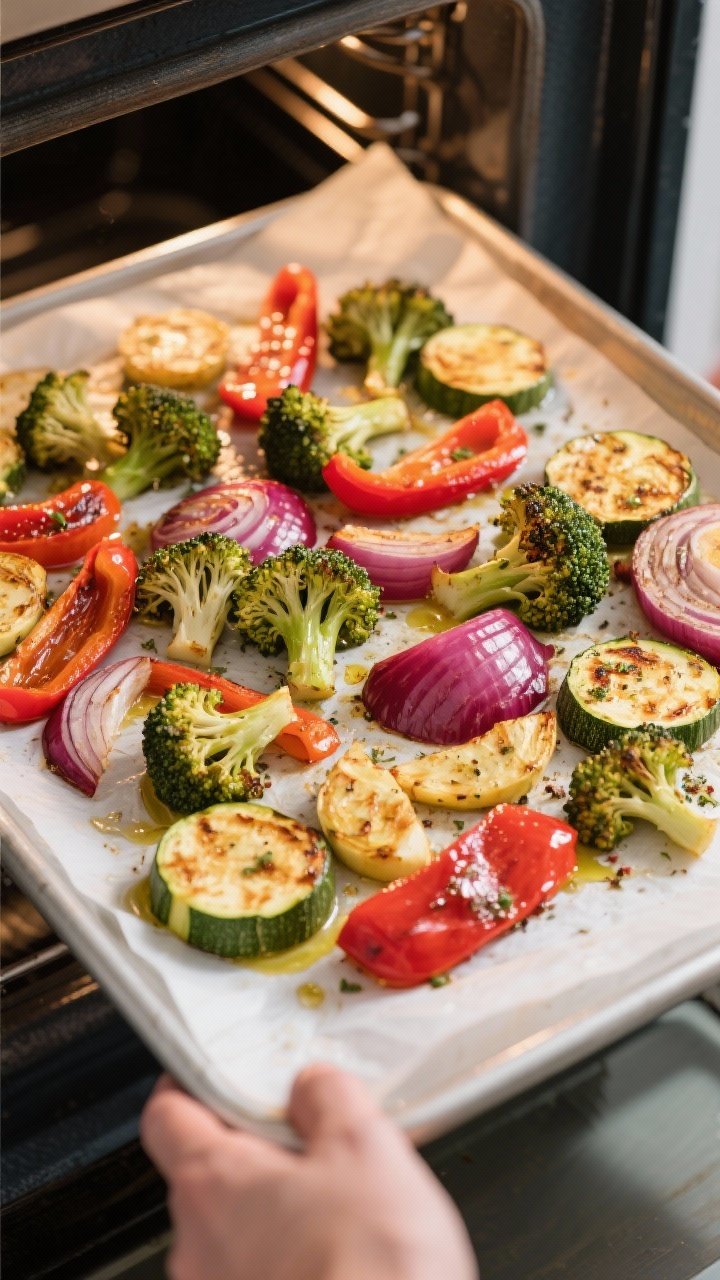 Cooking process: Overhead shot of roasted vegetables on a parchment-lined sheet pan at the 10-minute