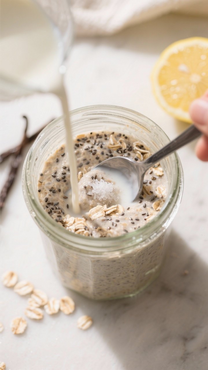 Cooking process: Overhead shot of the mixture being combined in a clear jar—rolled oats, chia, and