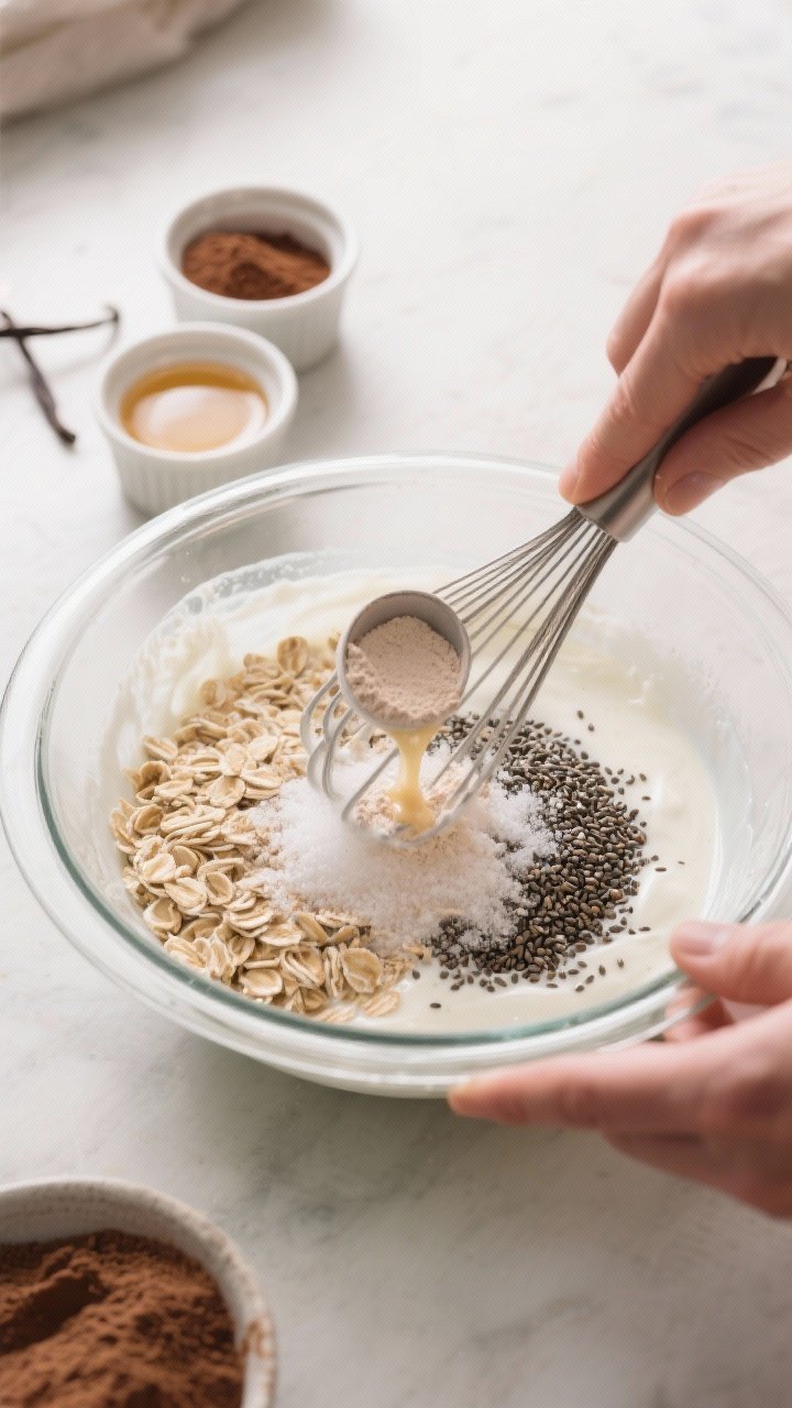 Cooking process: Overhead shot of the mixture being whisked in a clear bowl right after combining th