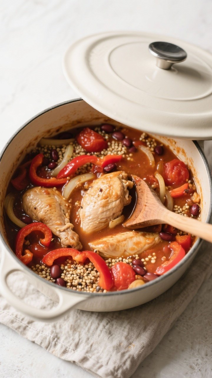 Cooking process: Overhead shot of the one-pot simmer stage—chicken returned to the pot with crushe