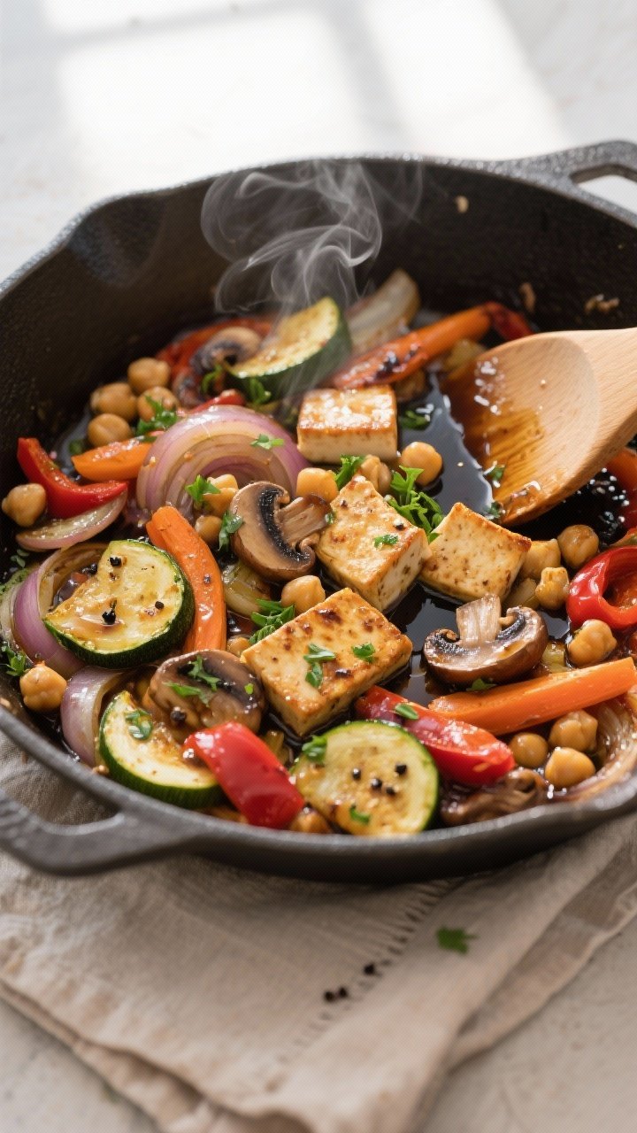 Cooking process: Overhead shot of the skillet right after deglazing—caramelized mixed vegetables (