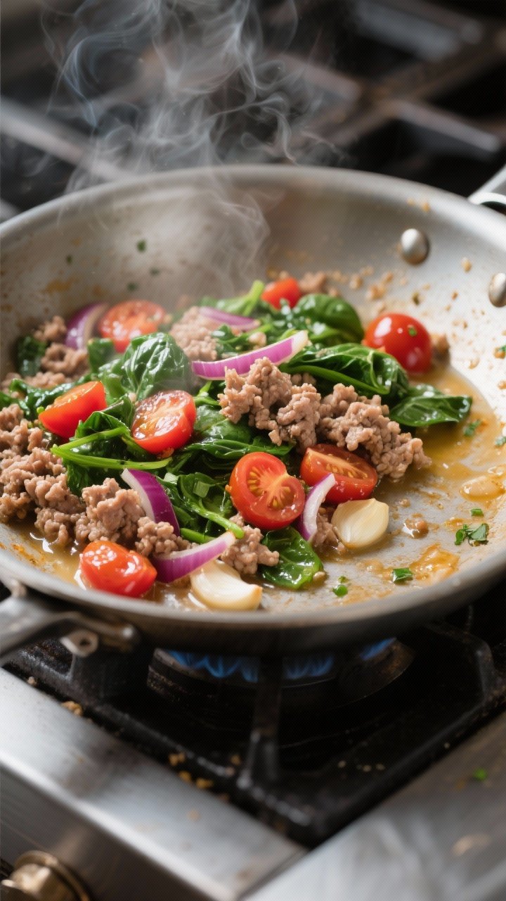 Cooking process — sauté and brown: Lean ground turkey browning with softened red onion and garlic