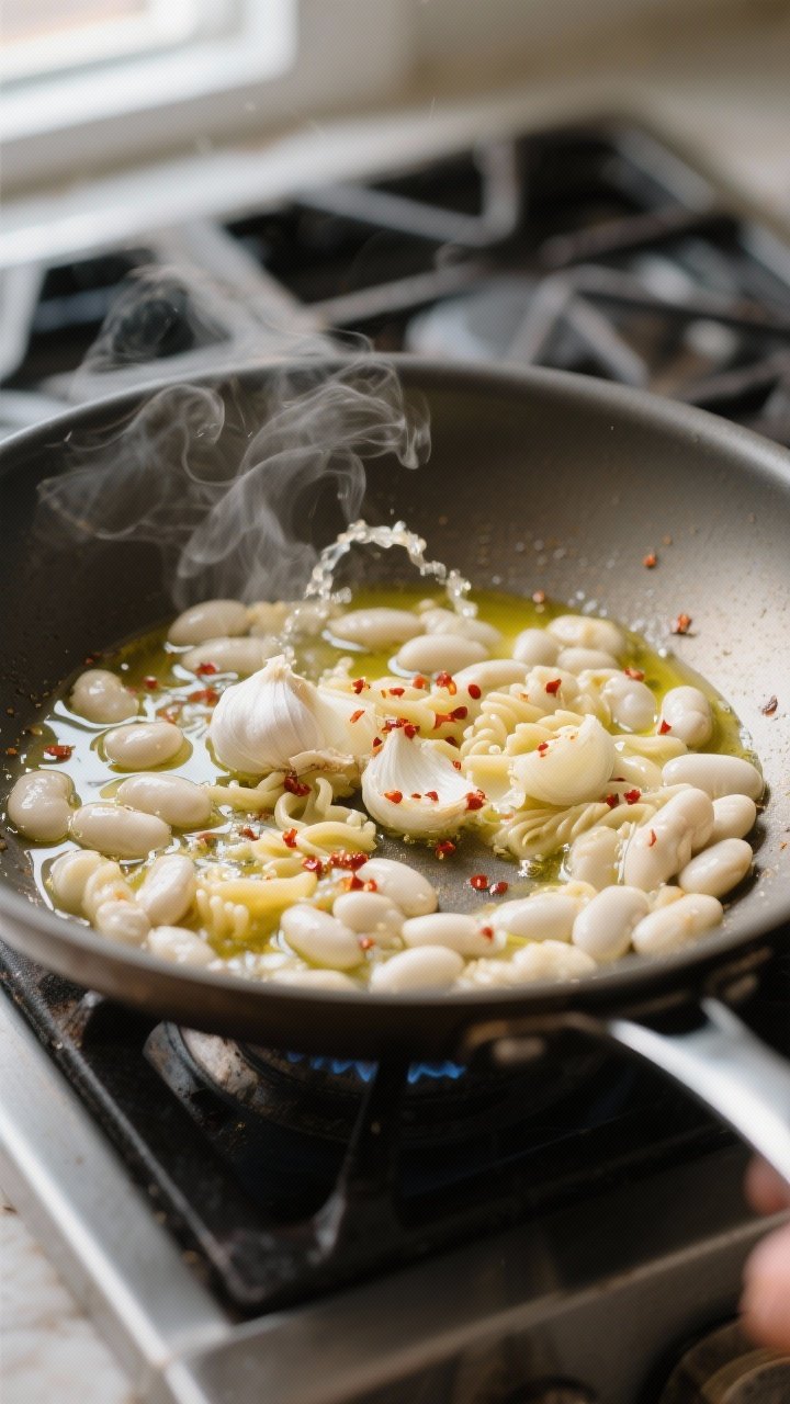 Cooking process: Sautéed garlic and white beans in a wide stainless skillet, some beans lightly mas