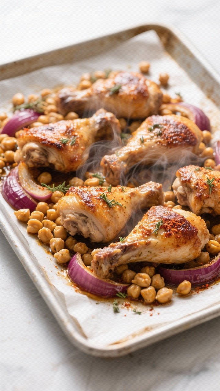 Cooking process: Sheet-pan roasted chicken thighs nestled over spiced chickpeas and red onion wedges