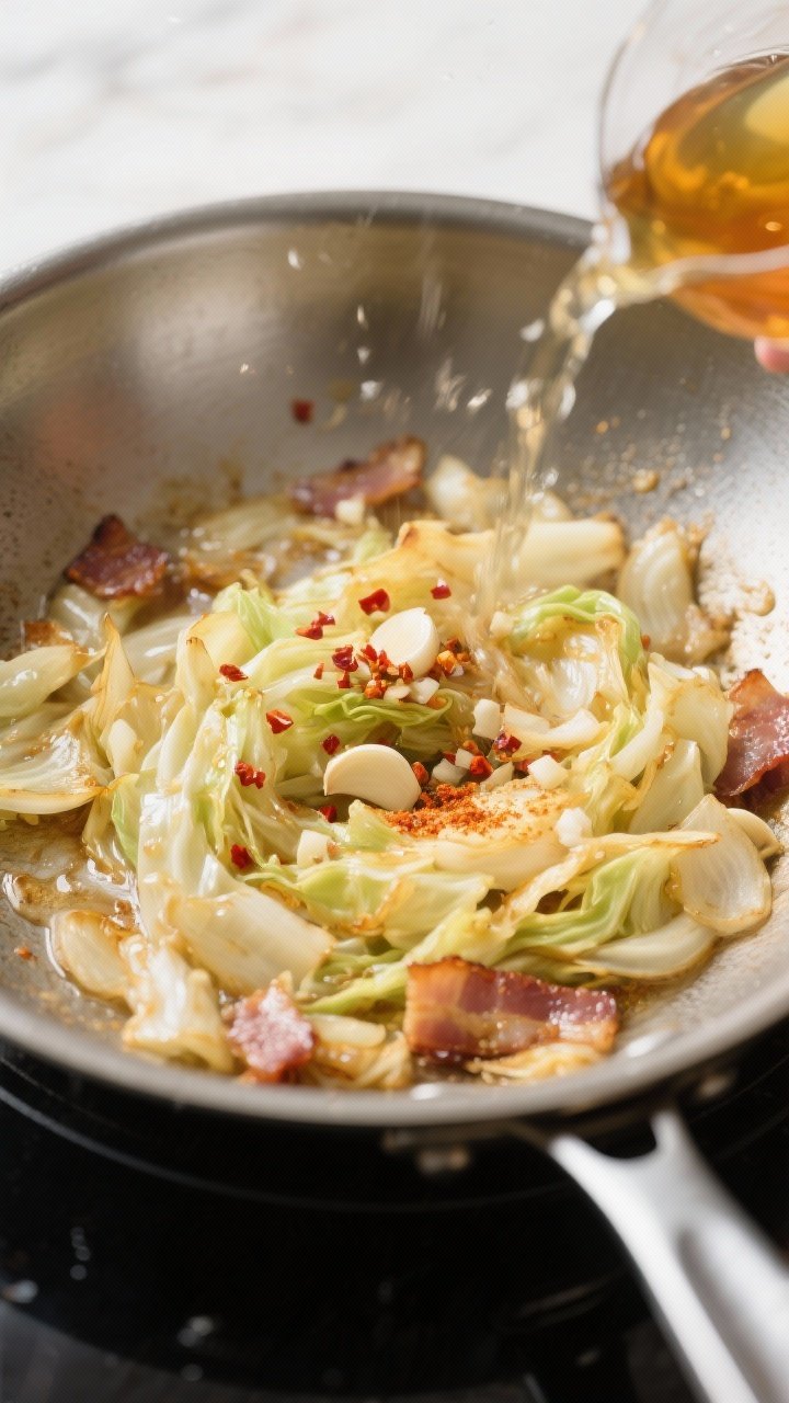 Cooking process shot: cabbage sautéing in stages in a large stainless or cast-iron skillet—onions