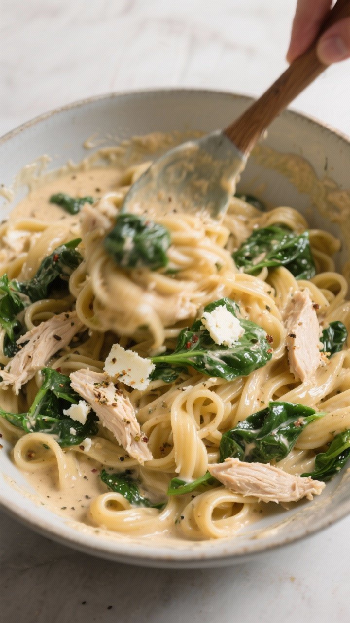 Cooking process shot: The combined pasta, shredded chicken, and wilted spinach being tossed in a lar