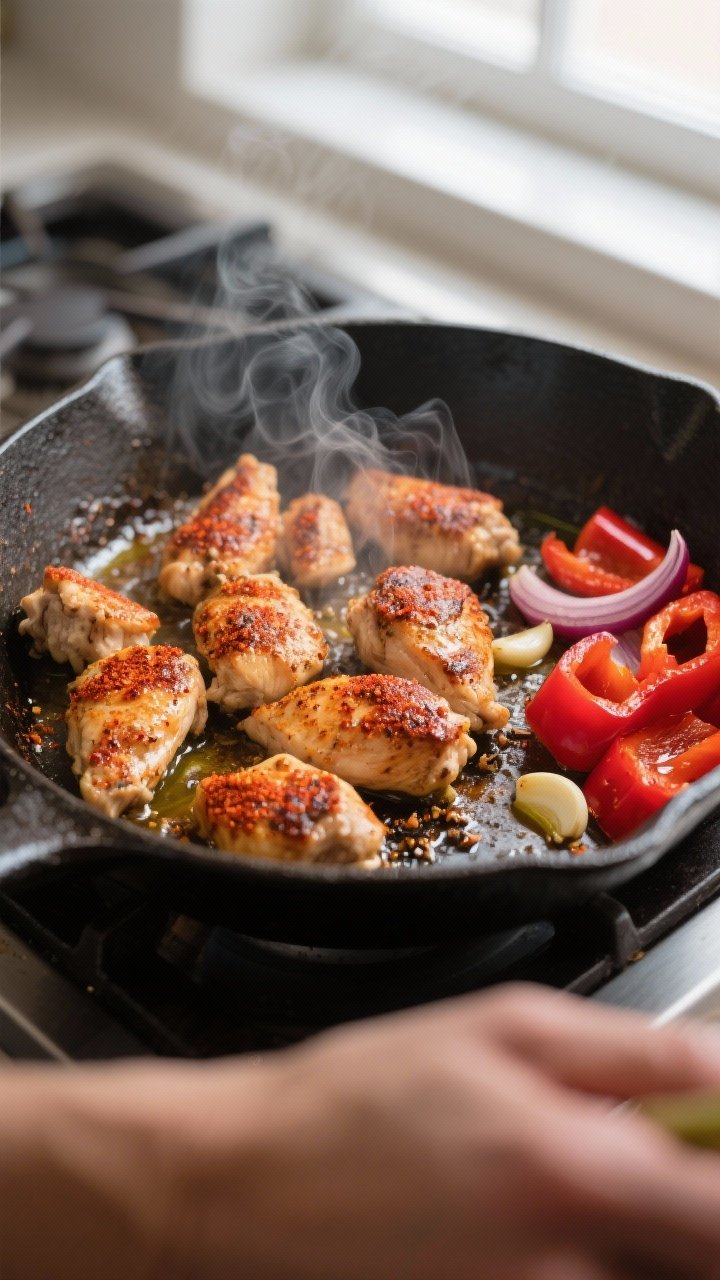 Cooking process: Sizzling chicken skillet mid-sear, bite-size paprika-garlic-cumin seasoned chicken 