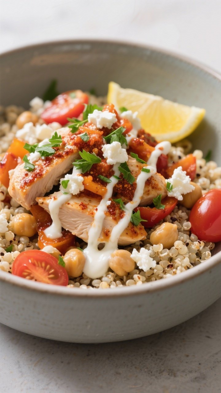 Final bowl, hero shot: Beautifully plated high-protein chicken, chickpea, and quinoa bowl in a wide,