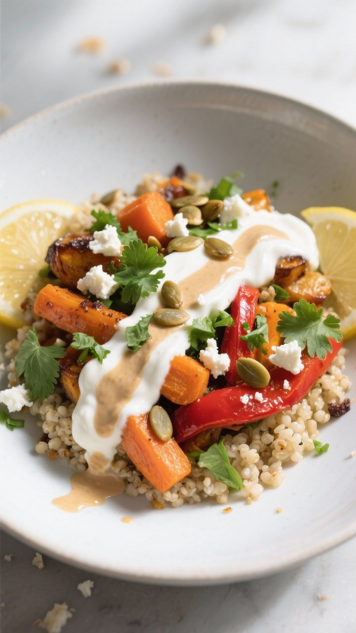 Final dish presentation: Beautifully plated caramelized veggie skillet bowl over fluffy quinoa, topp