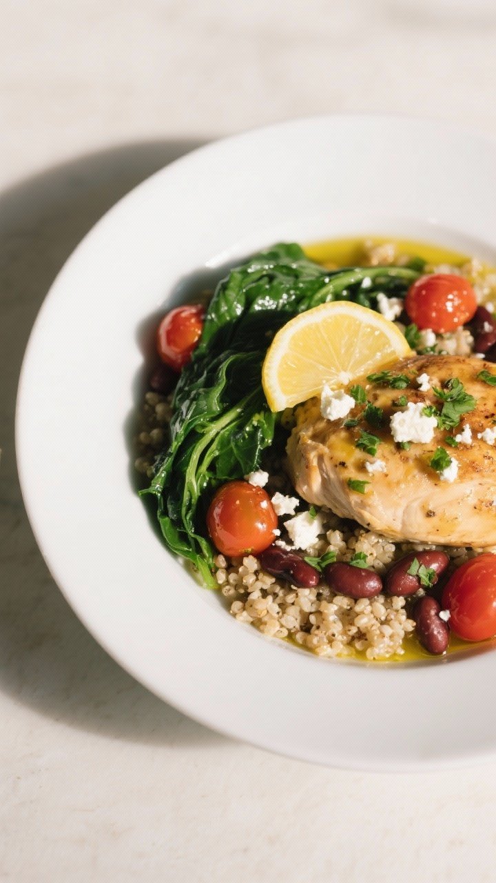 Final dish presentation: Beautifully plated one-pot chicken, quinoa, and beans in a wide, shallow wh