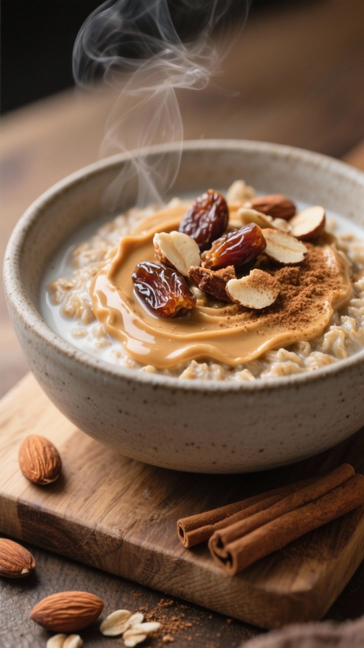 Final dish presentation: “Cinnamon Almond” warm overnight oats served in a matte stoneware bowl,