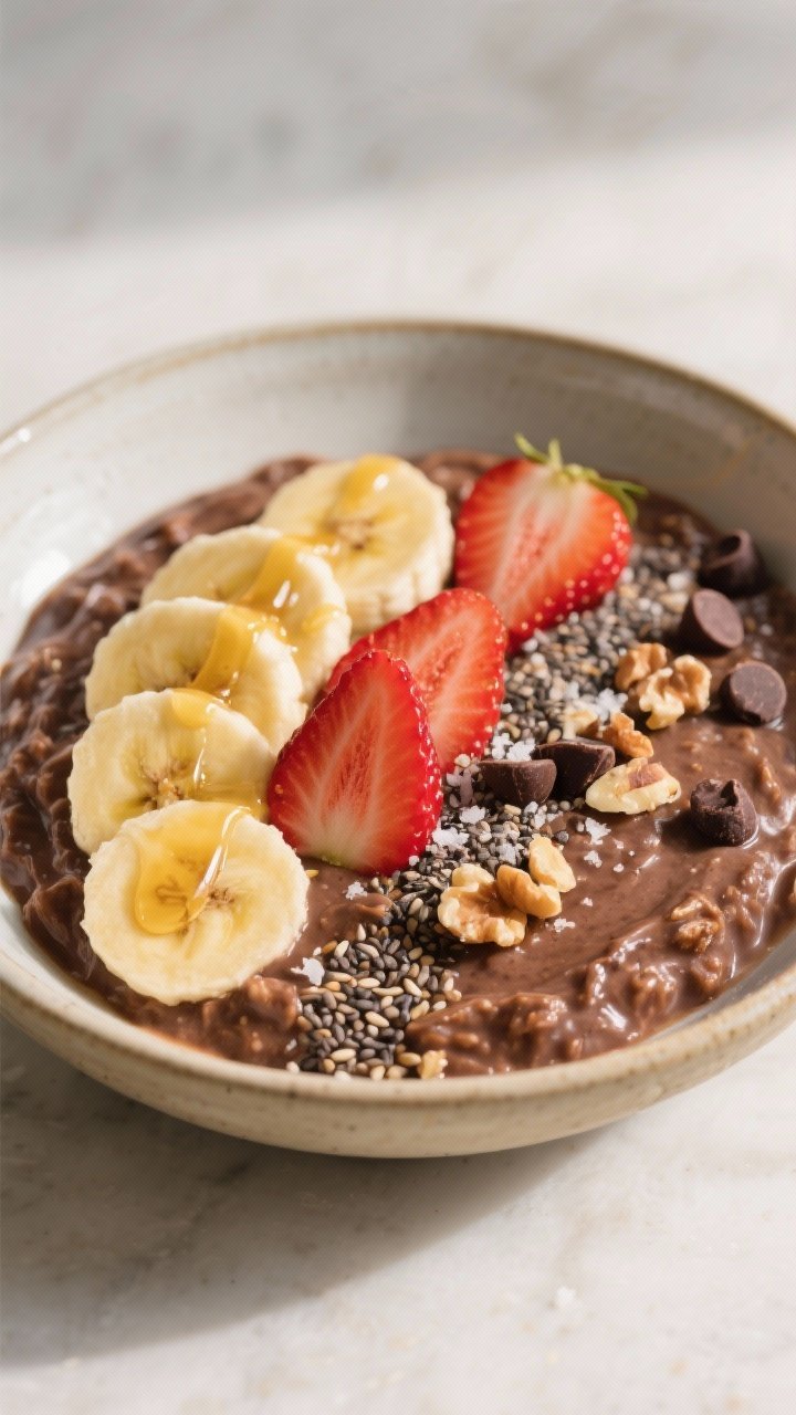 Final dish presentation: Restaurant-quality plating of Chocolate Dream Fix overnight oats in a low, 