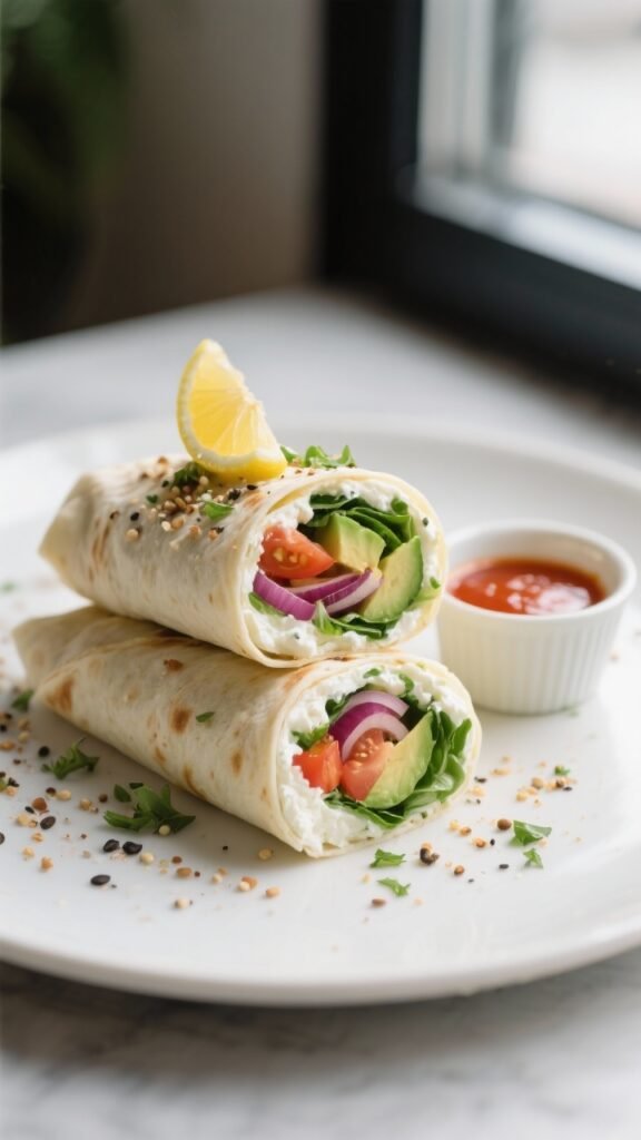 Final dish presentation: Two tightly rolled cottage cheese wraps sliced on a diagonal, stacked sligh