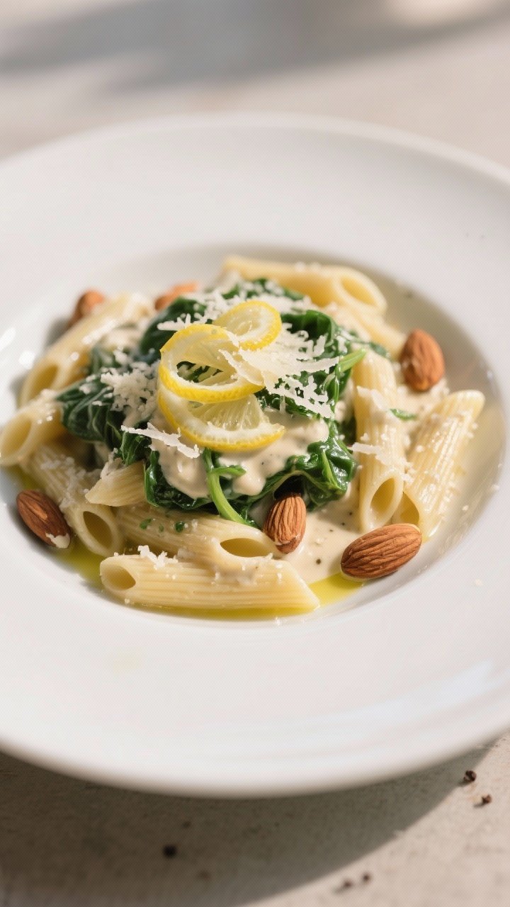 Final plated dish: Restaurant-quality presentation of penne in creamy bean-yogurt sauce with spinach