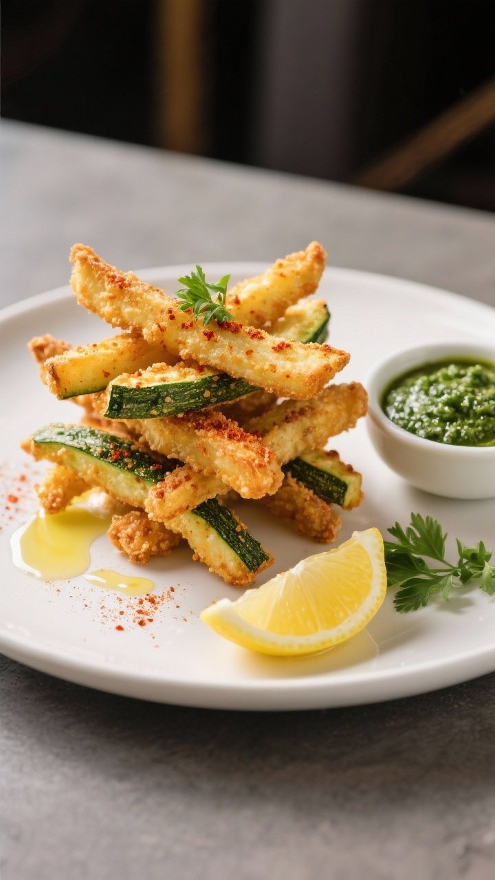 Final plated presentation: Restaurant-quality plate of zucchini fries stacked in a loose crisscross,