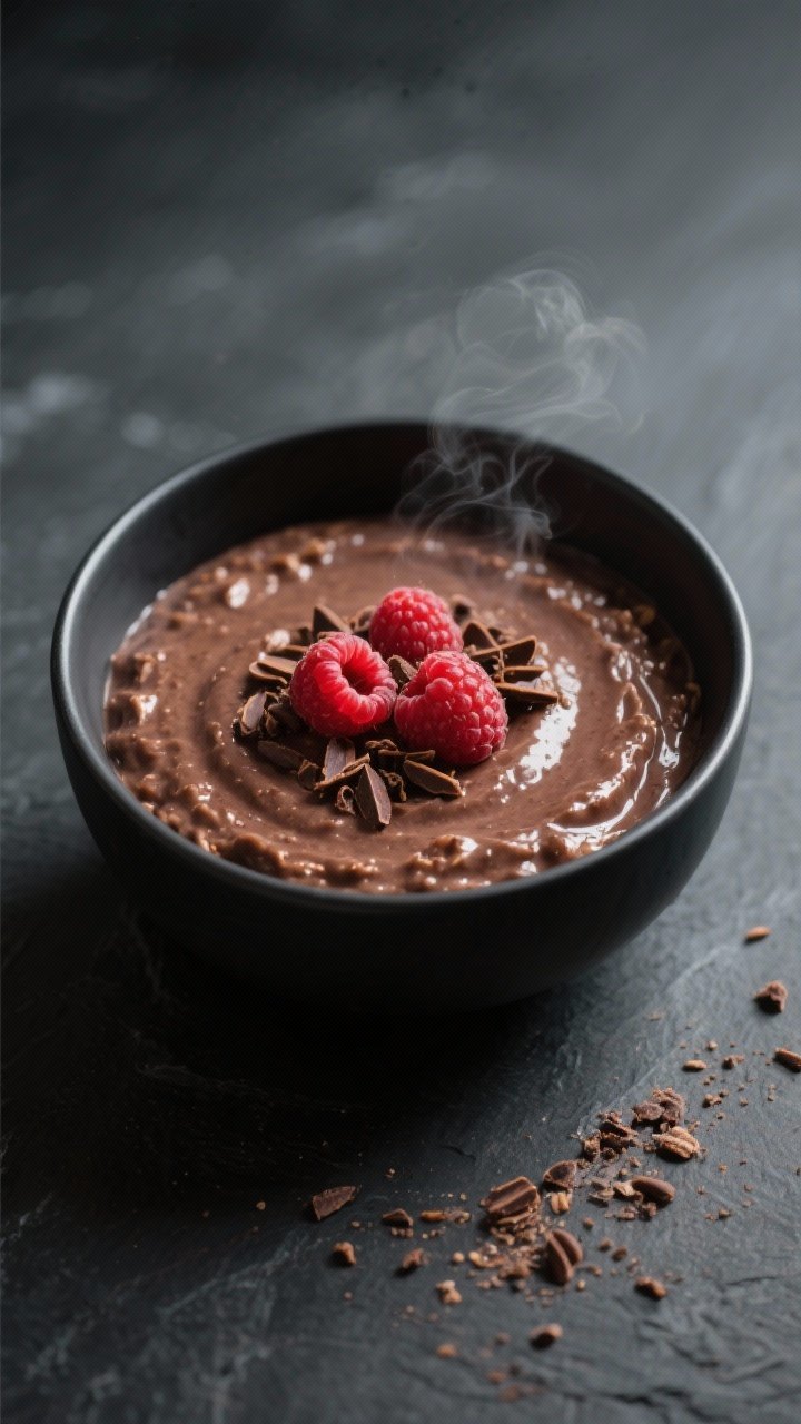 Final plated variation: Chocolate version served in a low, matte-black bowl, ultra-smooth, thick ove