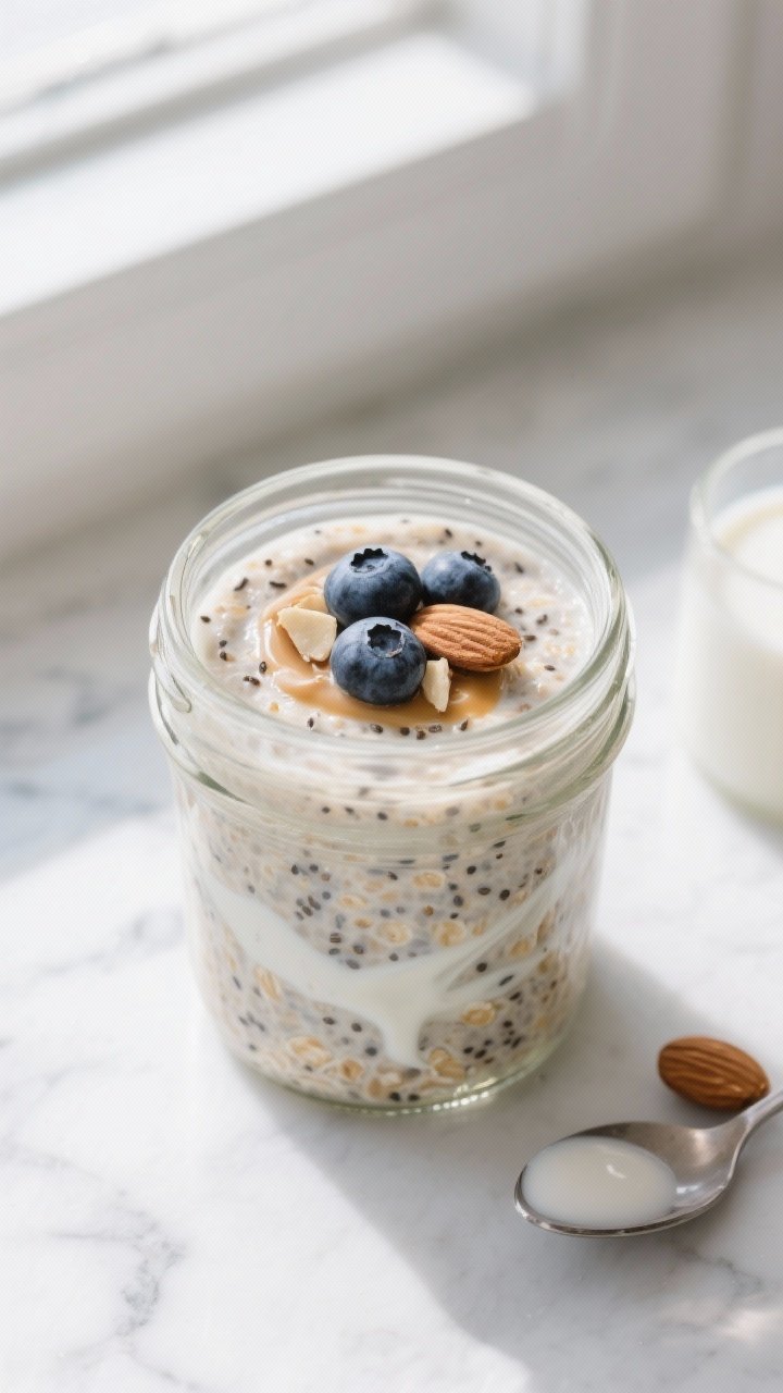 Overhead shot of a chilled jar of high-protein overnight oats just after stirring in the morning, cr