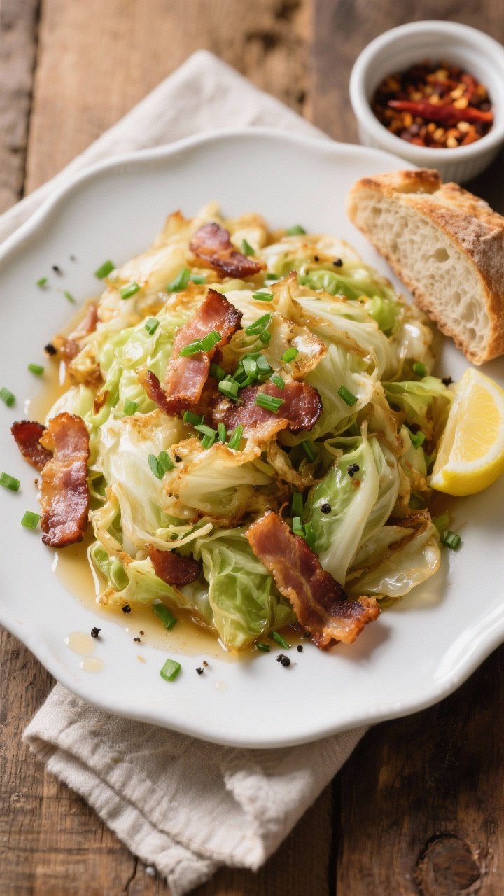 Overhead “tasty top view” of the finished Fried Cabbage and Bacon plated as a rustic main: gener