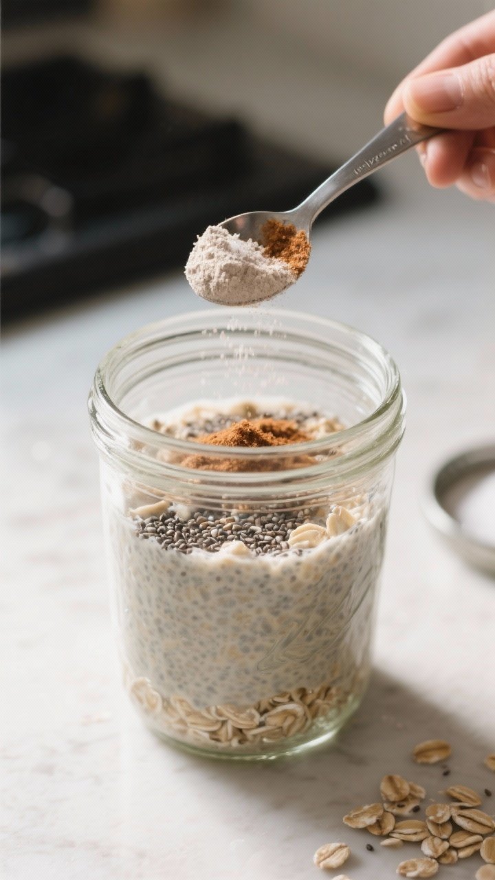 Process shot: Mixed overnight oats in a clear glass jar right after thorough mixing (pre-chill), sho