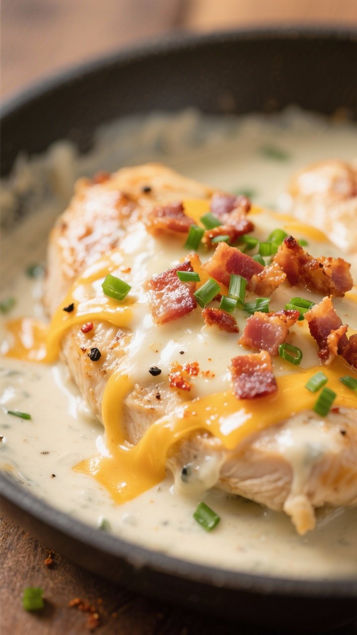 Saucy detail macro: Tender chicken nestled in a silky, creamy ranch sauce with melted mozzarella and