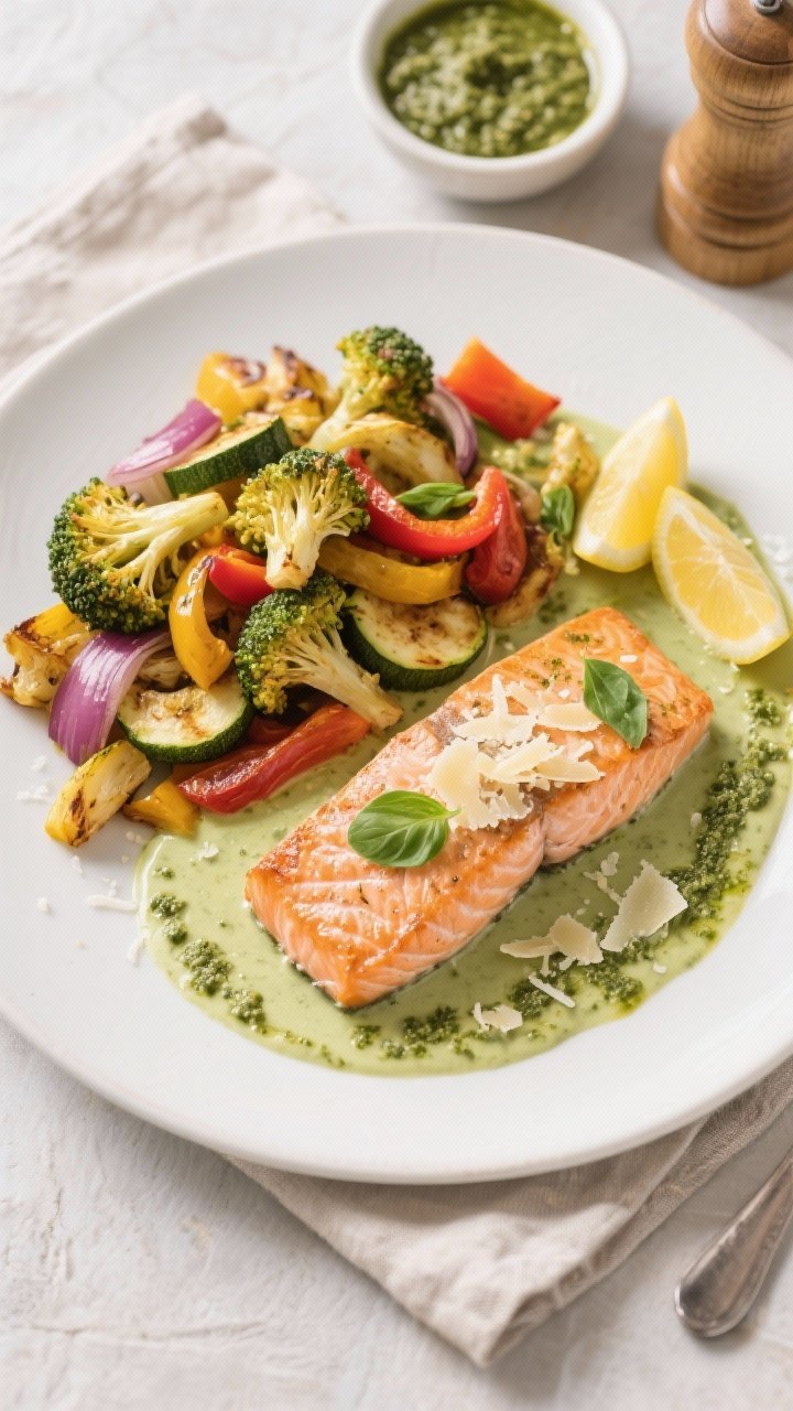 Tasty top view: Final plated dinner, overhead composition—salmon fillet nestled in a pool of cream