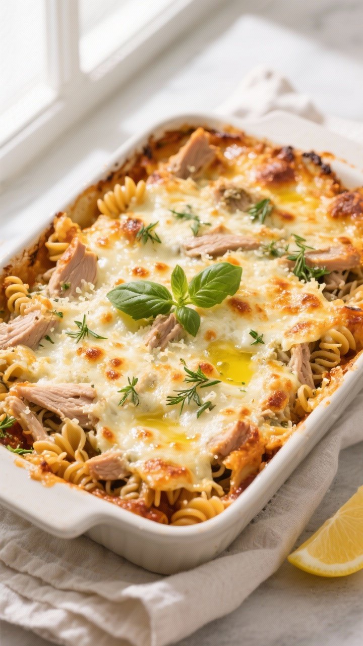 Tasty top view — golden baked casserole: Overhead shot of the herb-loaded turkey and whole-grain p