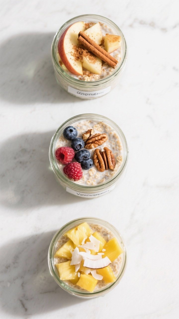 Tasty top view: Meal-prep lineup of three sealed jars of overnight oats, each a different flavor for