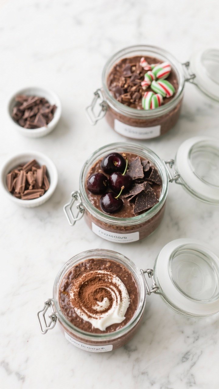 Tasty top view (meal prep): Overhead image of three lidded glass jars filled with chocolate overnigh