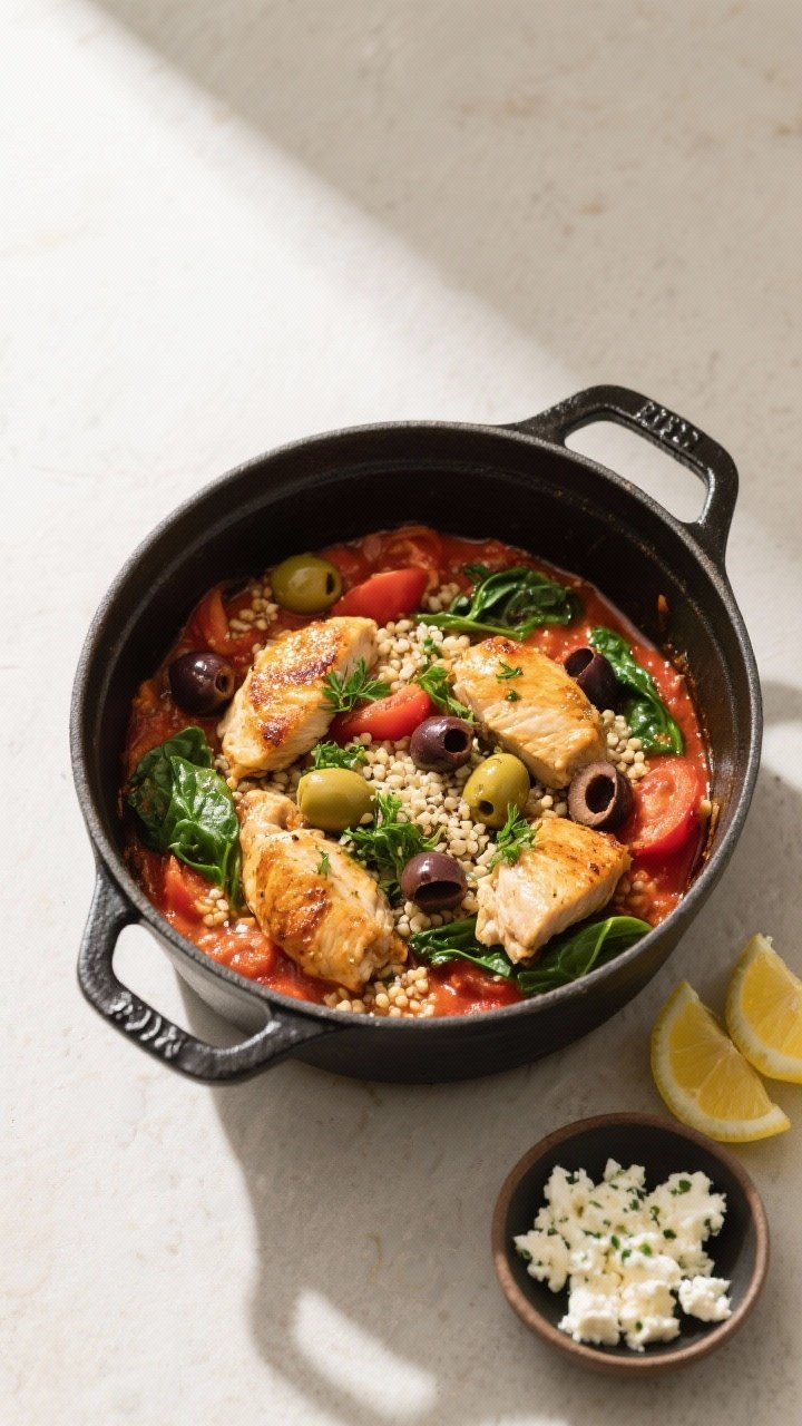 Tasty top view: Overhead hero shot of the finished one-pot wonder served family-style in a matte bla