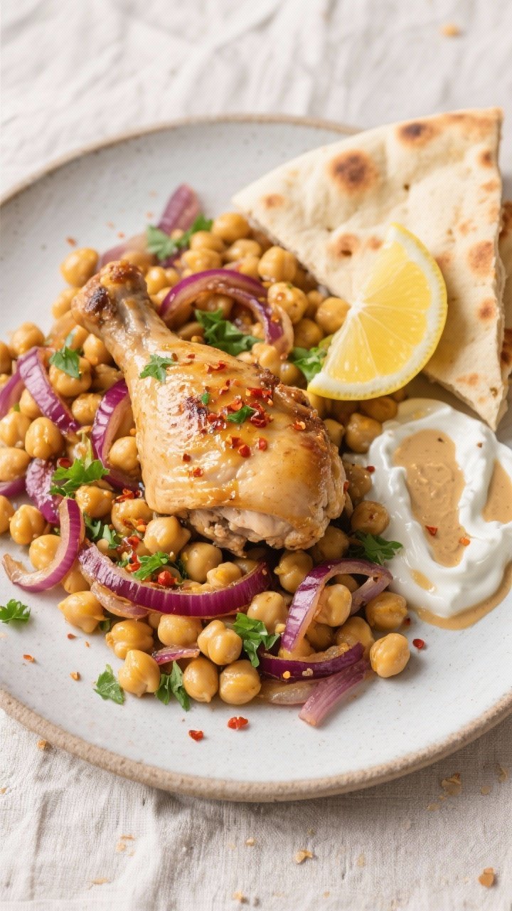 Tasty top view: Overhead plated final dish—pile of golden chickpeas and roasted red onions topped 