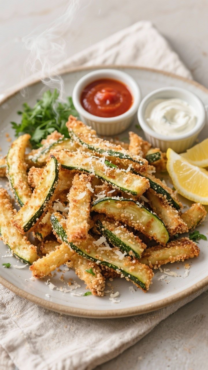 Tasty top view: Overhead shot of a platter of baked Parmesan zucchini fries arranged in a tidy pile,